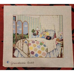 Handpainted Needlepoint Canvas"Grandmas Quilt" Cross-Stitch Wall Art 14"x12"